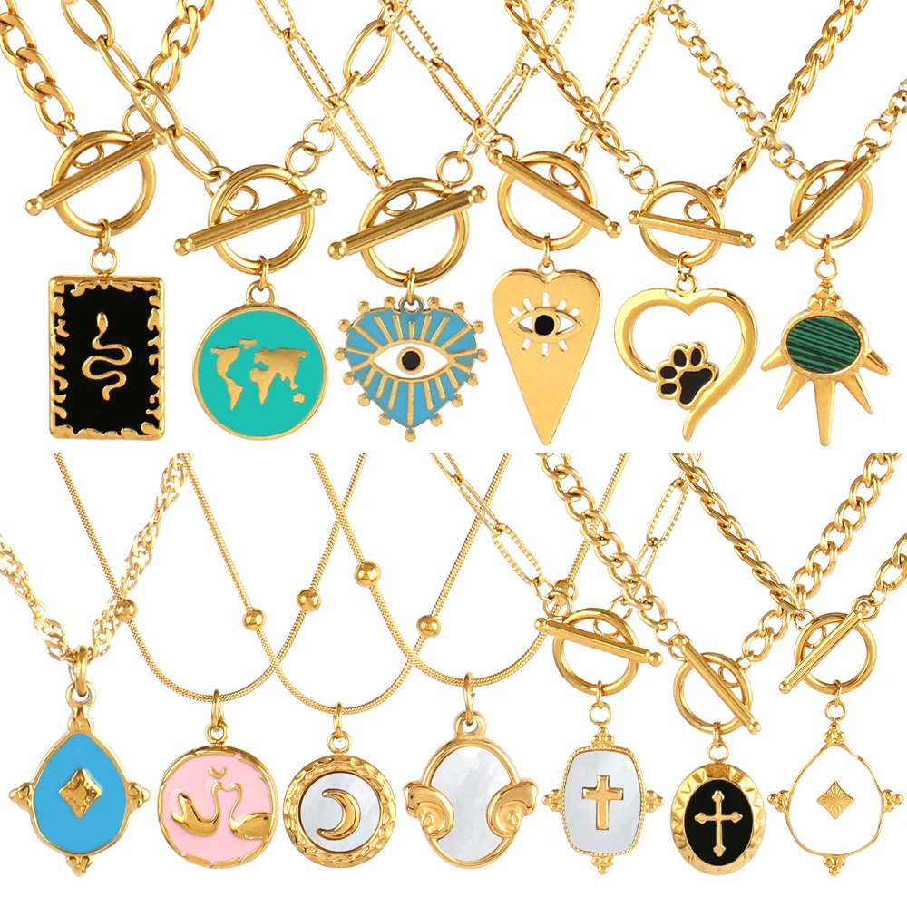 

Vintage Stainless Steel Necklace For Women Gold Color Enamel Pendant Necklace Colorful Choker Necklace Chain Necklace Jewelry