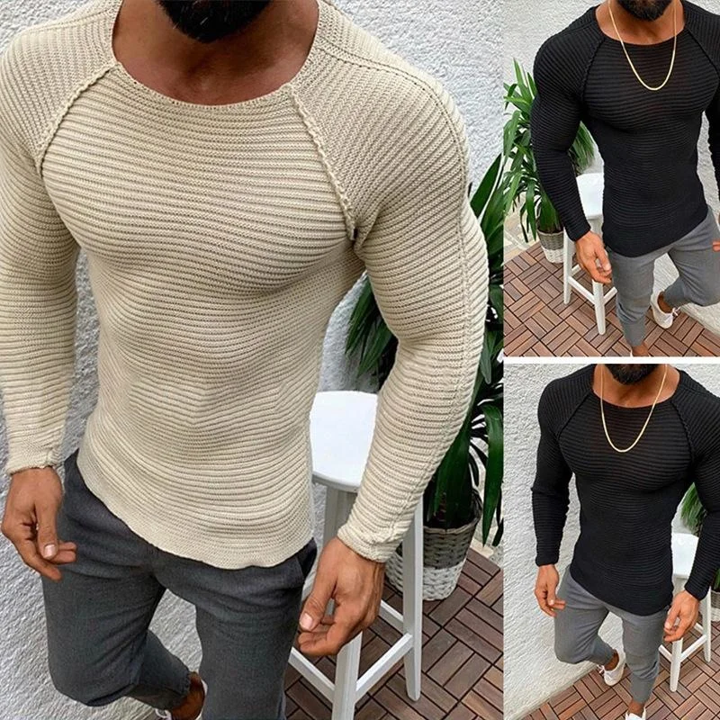 Men's Sweaters Autumn Winter Pull Striped Solid Color Slim Knitted Sweater Men Pullover