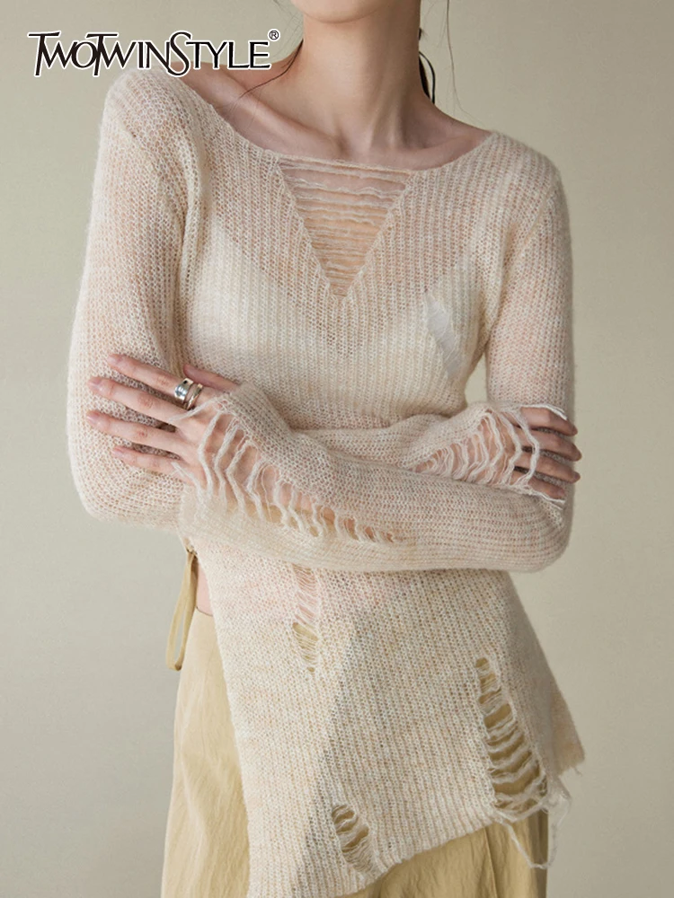 

TWOTWINSTYLE Hole Hollow Out Sweater For Women Slash Neck Long Sleeve Solid Slimming Pullover Sweaters Female Fashion Clothing