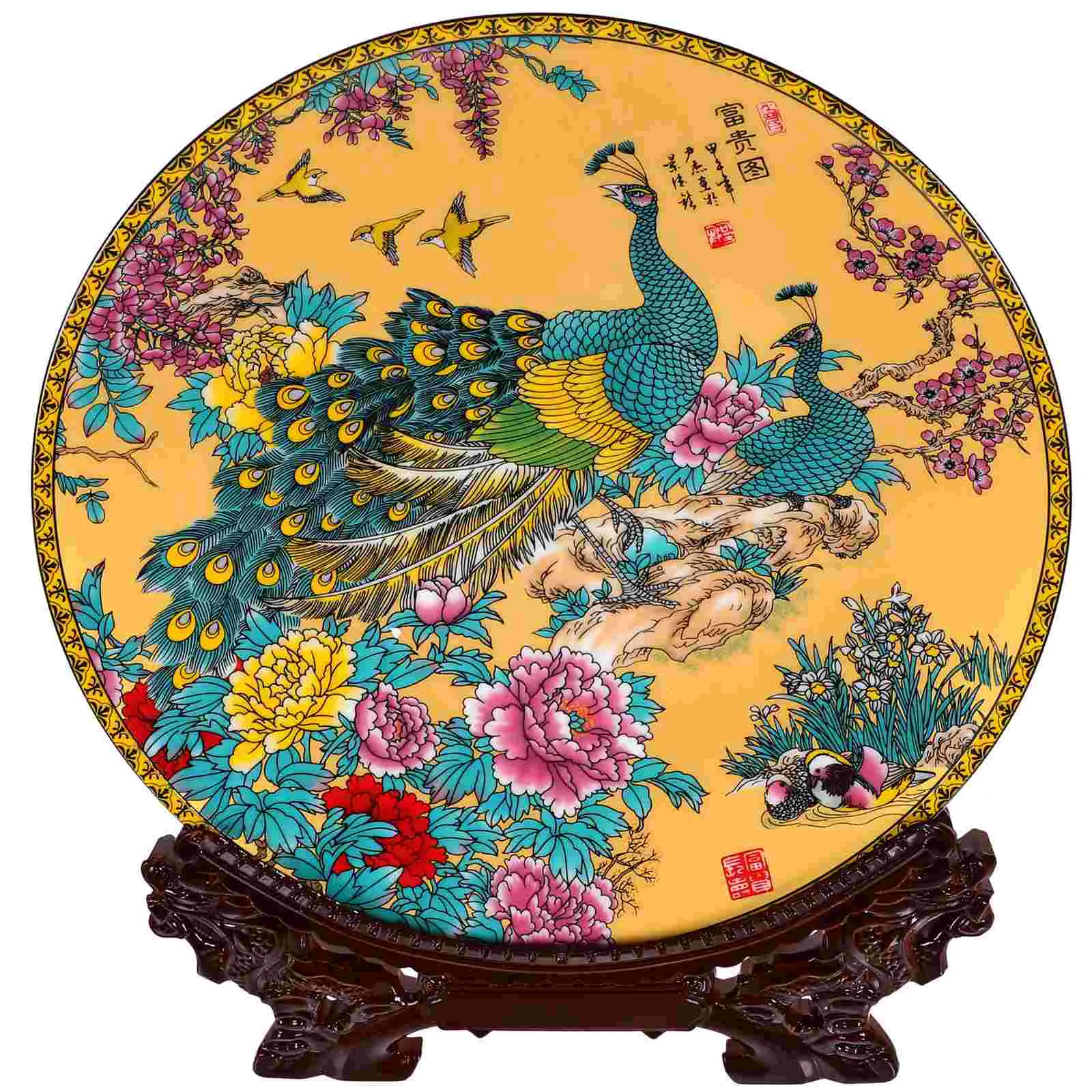 

Ceramic Plate with Display Stand Chinese Style Decorative Plate Cabinet Handicraft Ornament