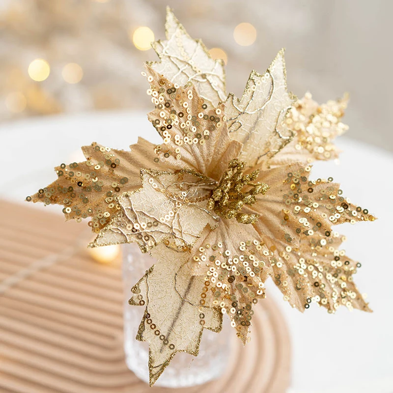 Handcraft Glitter Large Artificial Flowers Christmas Decor Sequined Fake Flowers For DIY Xmas Wedding New Year Home Decoration