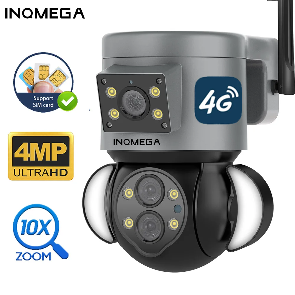INQMEGA 4G Wireless Security IP Camera 4MP HD PTZ CCTV Camera Color Night Vision GSM CCTV Camera With SIM Card Three Lens