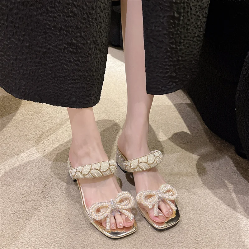 

Fashion Crystal Slippers Women Shoes Bow Flip Flops Summer 2023 New Casual Sandals Party Shoes Dress Slides Ladies Zapatillas