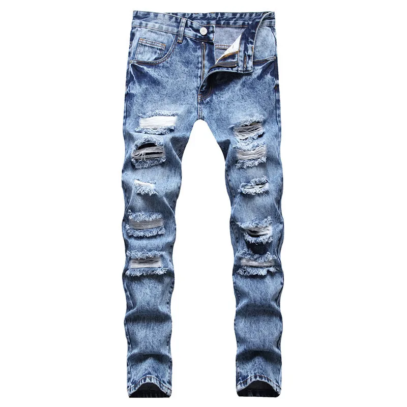 

Джинсы мужские рваные с эффектом потертости, модные брюки в стиле хип-хоп, Калка, рок, мотоциклетные рваные джинсы