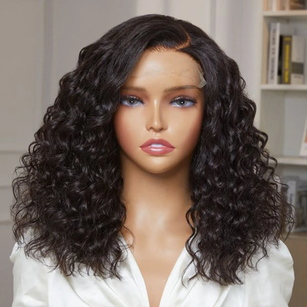 

Natural Black Short Bob Glueless Soft 180% Density Kinky Curly Preplucked Deep Lace Front Wig For Women BabyHair Daily Cosplay