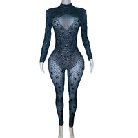 sparkly rhinestones mesh transparent jumpsuit women long sleeve birthday prom party outfit dancer show performance stage wear