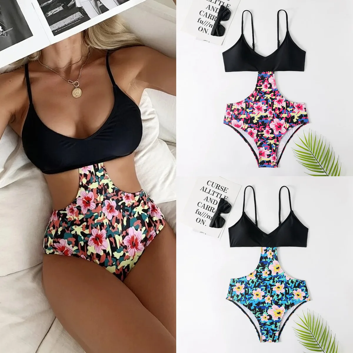 

Женский слитный купальник с цветочным принтом и лямкой на шее