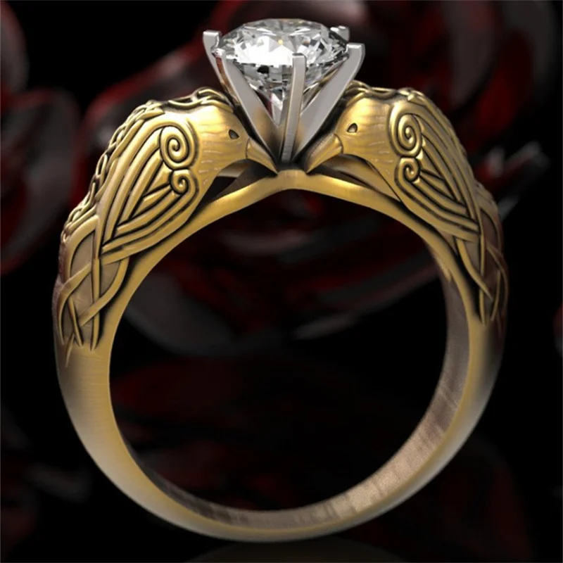 

Exquisite Charm Gold Colors Celtic Crow Totem Rings for Women Trendy Metal Inlaid White Stone Wedding Engagement Jewelry
