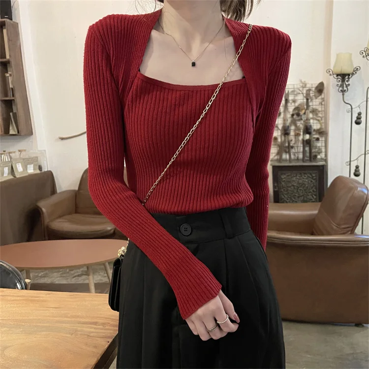 

GG1768 French square neck knitwear Autumn and winter Korean 2022 new style temperament with long sleeve bottoming top