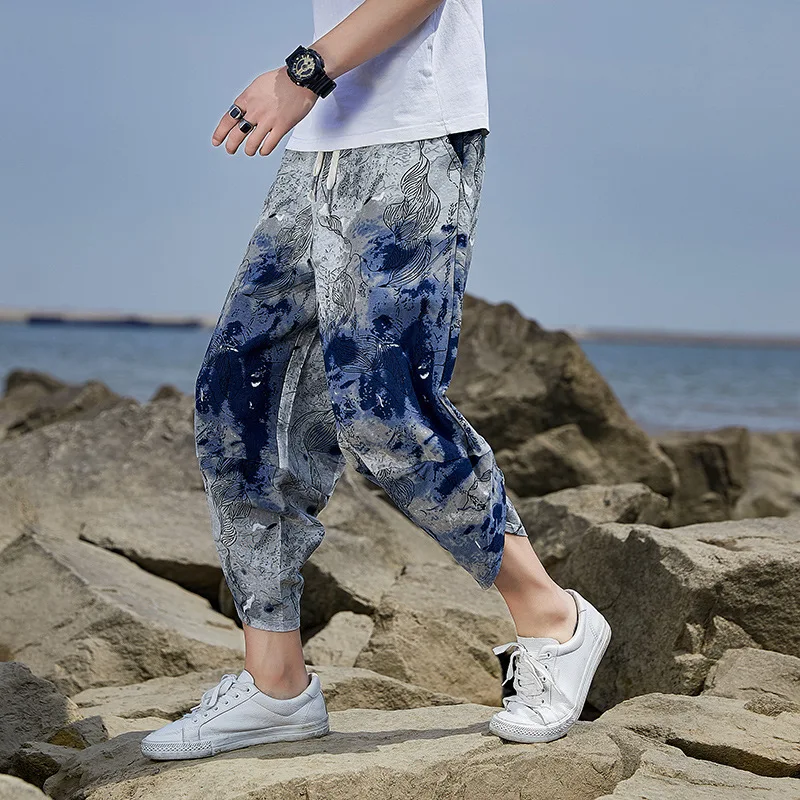 

Men Print Sleep Bottoms Chinese Style Harlan Pants Summer M-XXXL Casual Pyjamas Shorts Loose Lingerie Trousers Home Sleepwar