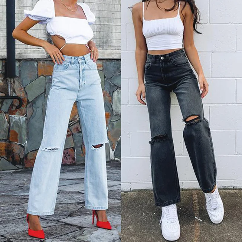 2022 Autumn And Winter Ripped Harajuku Denim Pants Women's Loose Hole High Waist Street Fashion Jeans Casual Stright Trousers