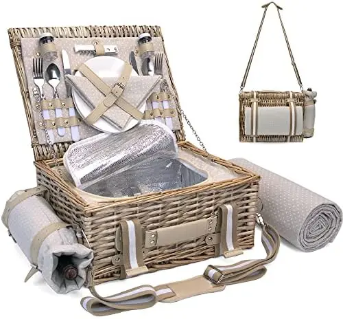 

Wicker Picnic Basket Set for 2 with Waterproof Blanket, Wine Pouch and Cutlery for Outdoor Dining, Camping, Dotted