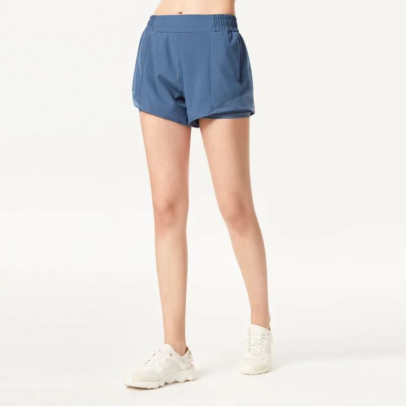 Women's Summer Shorts Fake Two Pieces Polyester Breathable Shorts with Side Zipper Pocket Gym Fitness Running Workout Sportwear