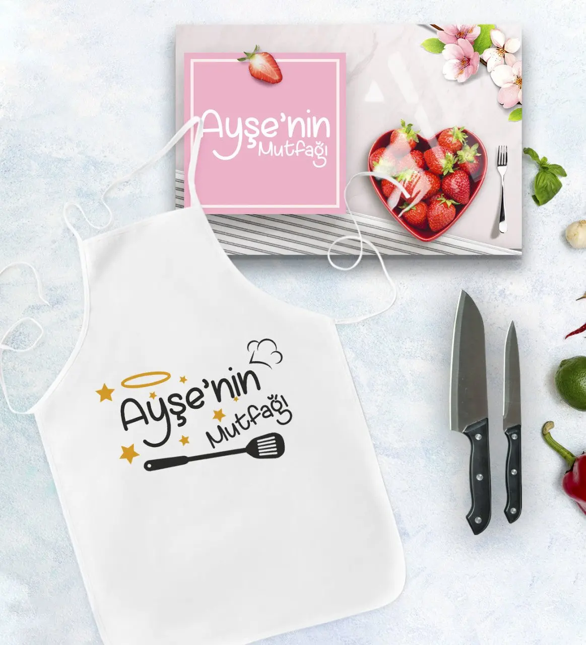 

Персонализированный двойной кухонный фартук и стол для резки стекла, подарочный набор, модель 9