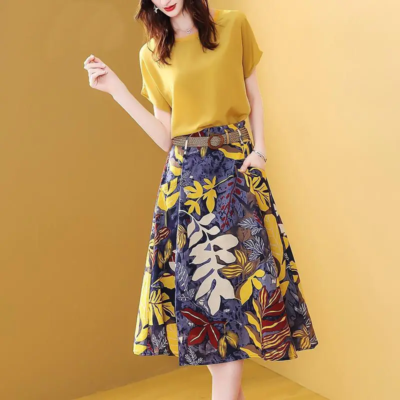 

2022 New Summer Elegant 2 Piece Set Women Short Sleeve Top + A-Line Floral Skirts Suit Two Piece Sets Office Lady Clothing X30