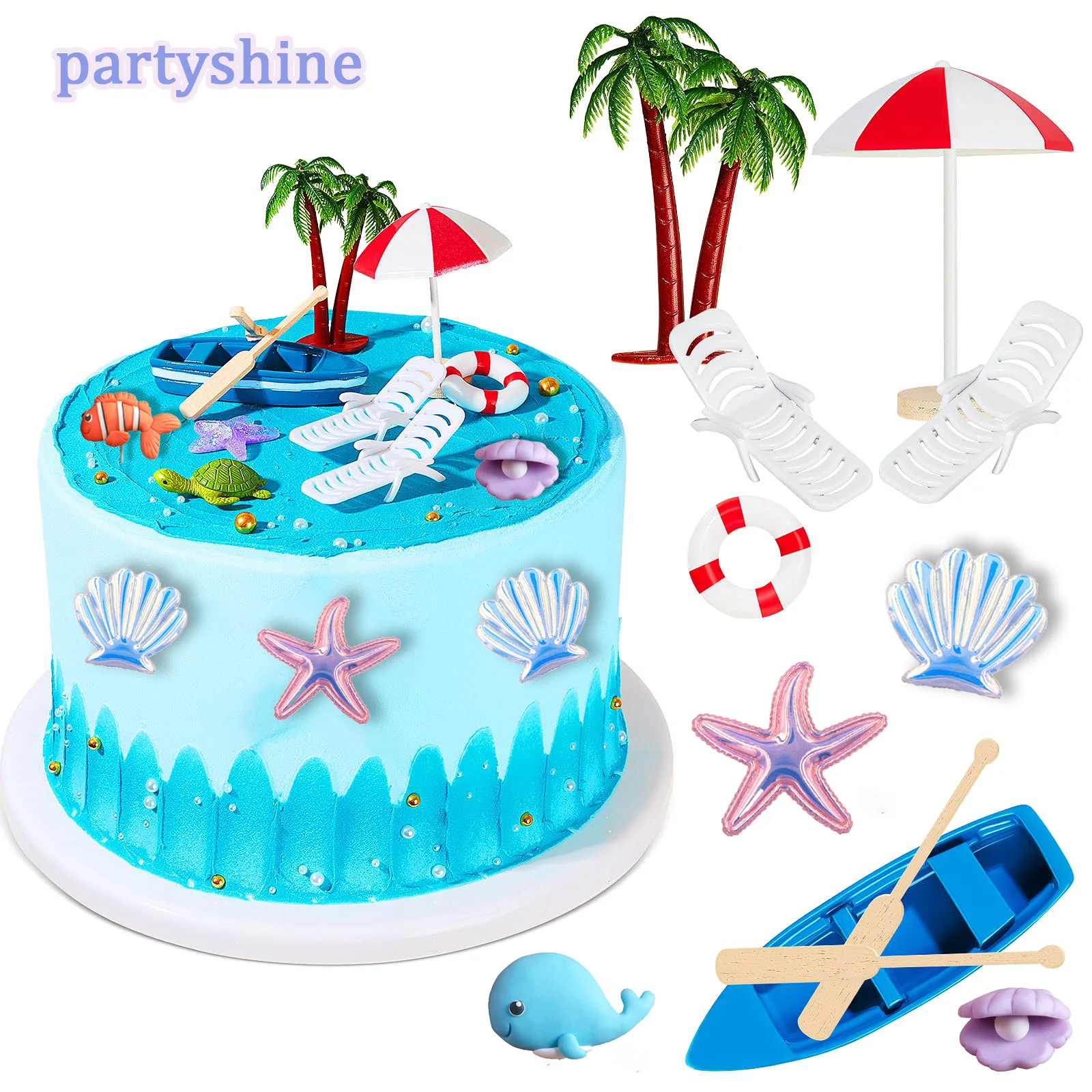 Starfish Shell Summer Boat Cake Topper For Summer Beach Birt