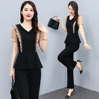 Real Shot Plus Size Womens Teo Piece Set Fashion Tops Heightening Pants Business Attire for Women Clothes Black