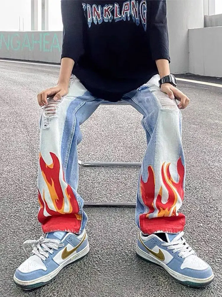 

Женские джинсы с принтом пламени в стиле Харадзюку, модные брюки с постепенной высокой талией, свободные прямые штаны, весна 2023, женские брюки в стиле хип-хоп