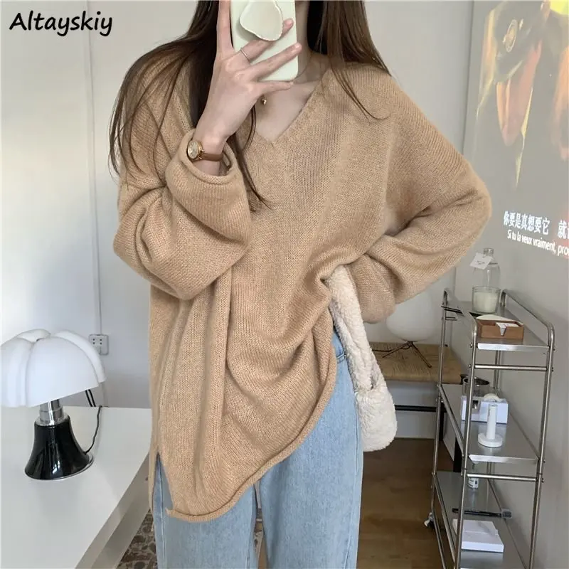 

Pullovers Women Lazy V-neck Knitting Side-slit Baggy Solid All-match Elegant Casual Spring Korean Style Vintage Temper Harajuku