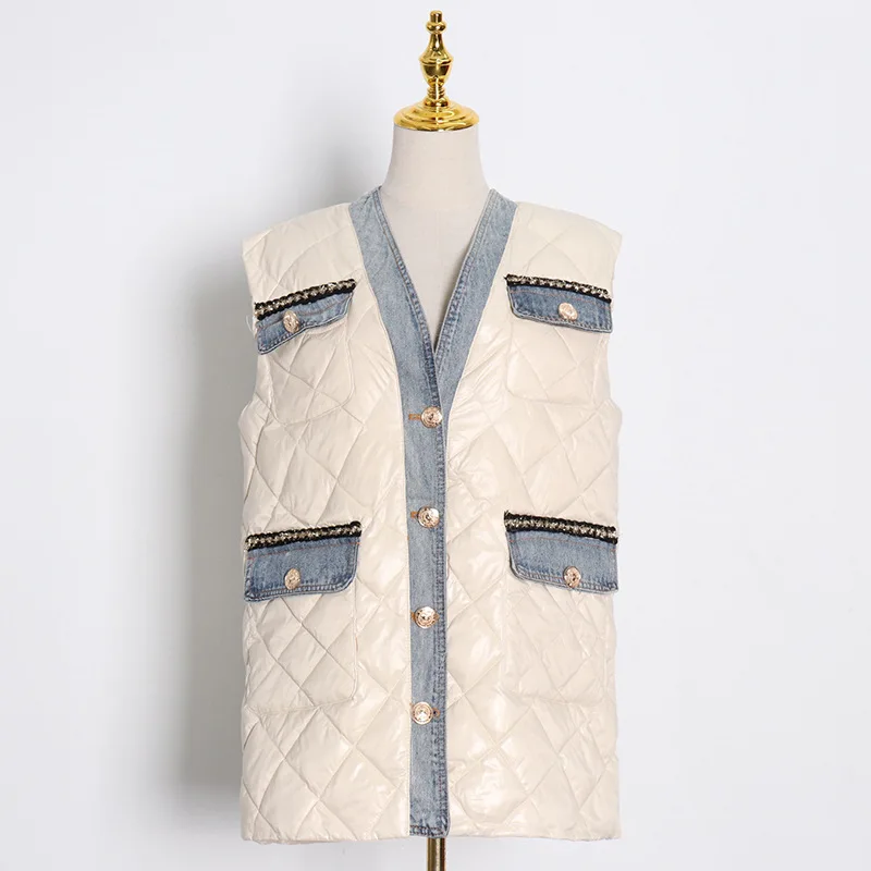 

Patchwork Denim Cotton Vests for Women V Neck Sleeveless Casual Oversized Thick Loose Coat Female 2023 Fashion Clothes