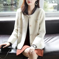 elegant crew neck soft mink cashmere short jacket chic pearl button long sleeve design sweater cardigan korean style knit coat