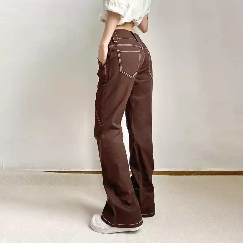 American Retro Brown Jeans Woman High Waist Y2k Flare Denim Trousers Korean Fashion Straight Pants Streetwear Personalized Jeans
