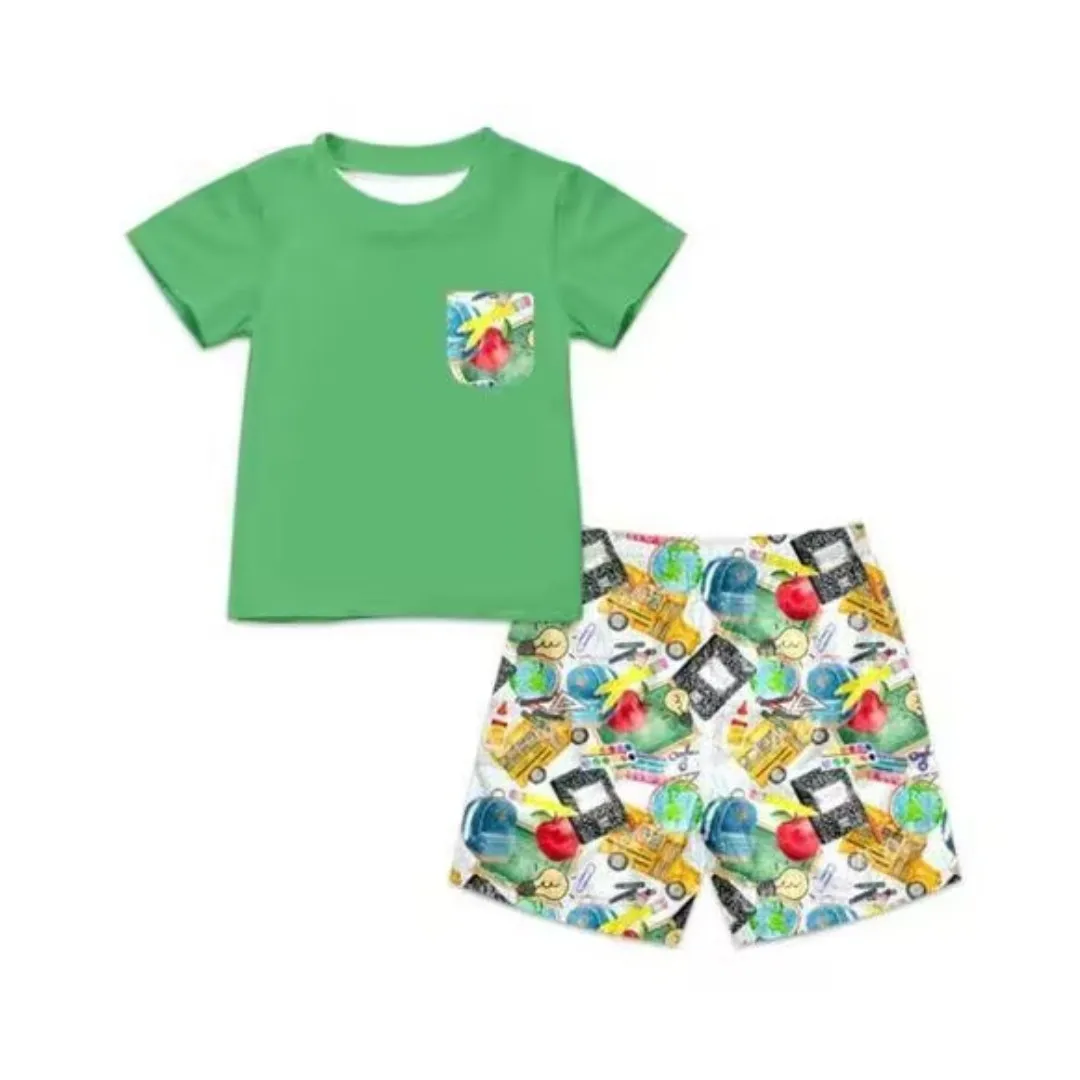 

School Season Summer Clothing Back to School Boys 2Pcs Outfit Set Short Sleeve Funny Print Tops+Shorts Set Children