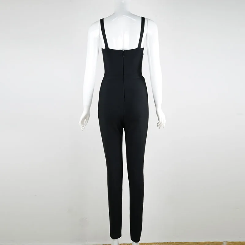 Black Spahetti Strap Bandage Jumpsuit for Women Low Bust Elastics Waist Pants One Pieces Overalls Fashion Pencel Pant Bodysuits