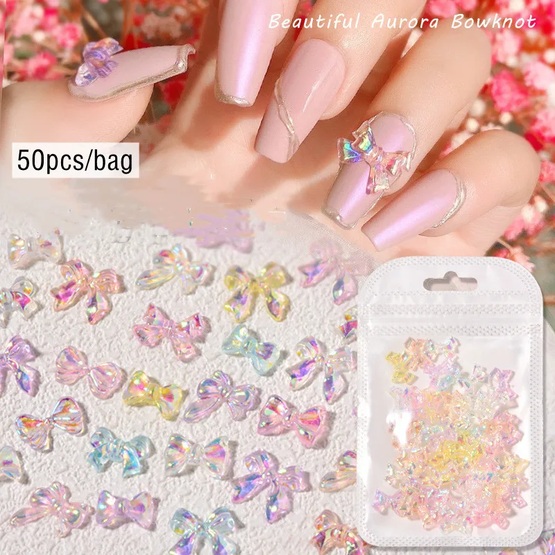 

50 Pcs Nail Art Charms Cute Aurora Iridescent Acrylic Bowknot Shapes Designer Decorations Kawaii Manicure Jewels Accessories