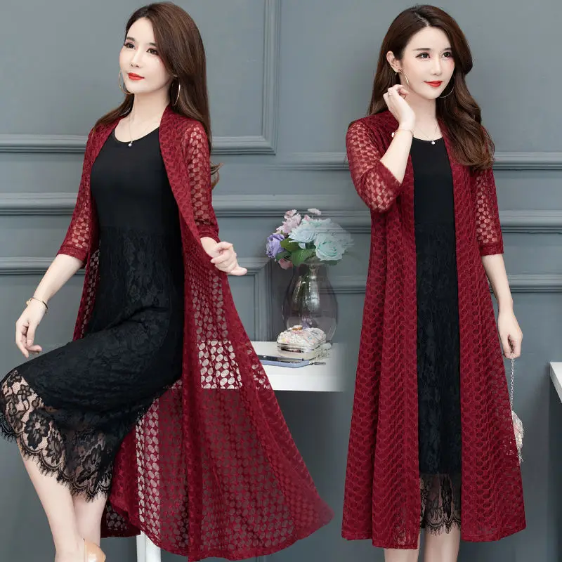 

Woman Long Lace Coat Cardigan Summer Female Hollow Out Sun Clothes Shawl Ladies Long Sleeve Coats Elegant Black Jacket Top A23