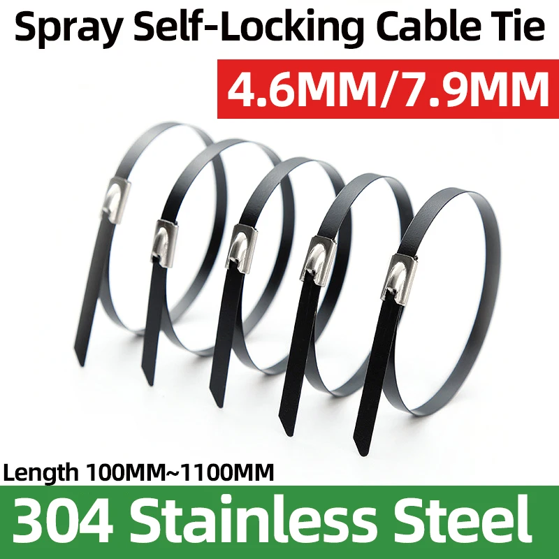 

100pcs Metal Cable Ties 304Stainless Steel Fully Sprayed Ball Self-locking 4.6MM 7.9MM Width 100-1100mm BLACK Customizable