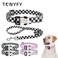 pet dog collar with leash set beautiful plaid pattern diy tag personalized name id soft adjustable with safety buckle pet collar