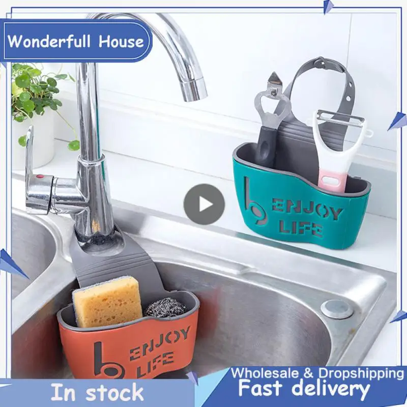 

Snap Button Design Multifunction Hanging Basket Shelf Household Clean Sink Hanging Bag Adjustable Storage Bag Drain Basket