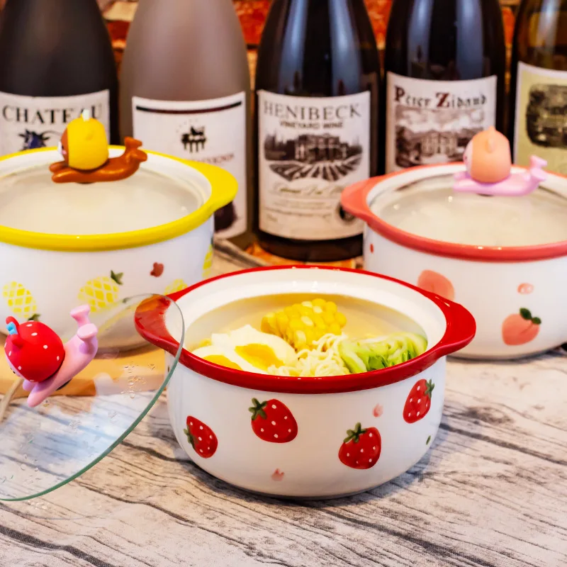 

Kawaii Ceramics Strawberry Peach Ramen Bowl With Lid Cute Kitchen Large Instant Noodles Fruit Salad Rice Soup Bowl Tableware