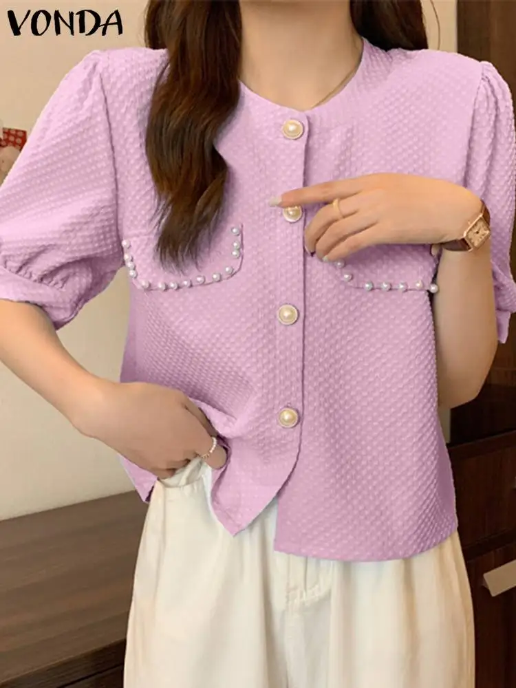 

Women Solid Shirts 2023 VONDA Vintage Round Neck Puff Sleeve Shirts Casual Button Down Party Blouse Femininas Blusas Beach Top