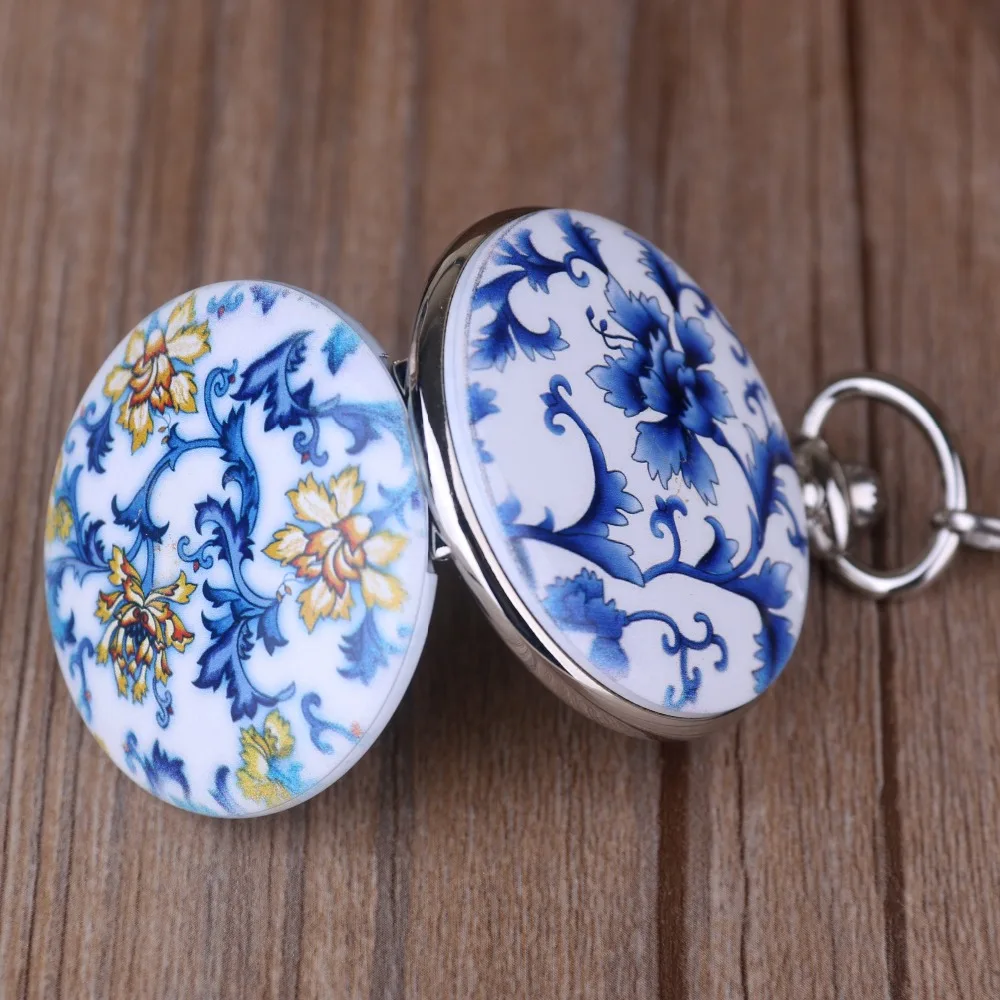 Hot Sale Blue and White Porcelain Flower Pocket Watches Roman Number Steampunk Mechanical Pocket Watches Men Women Fob Chain