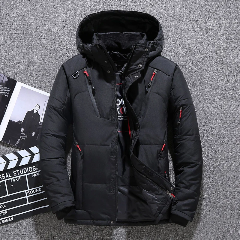 Men's Fashion Down Jacket Winter Outdoor Thickening Short Hooded Zipper Jacket Windproof Waterproof Solid Color Drawstring Parka