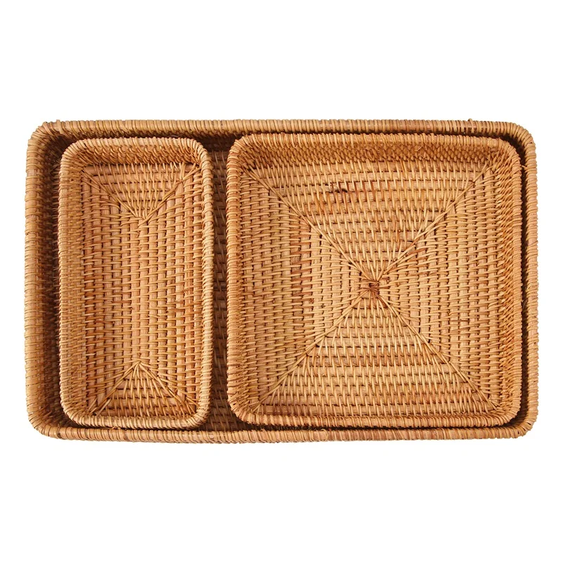 

Набор из 3 прямоугольных сервировочных лотков ручной работы из ротанга, Плетеный сервировочный органайзер, Настольная тарелка для фруктов