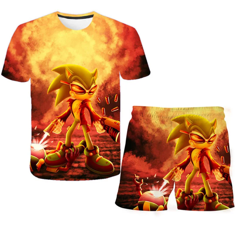 

Anime super sonic boys girls Tshirt suit Harajuku sonic Printed suit Tshirt +shorts Unisex T-shirt suit Fashion Streetwear