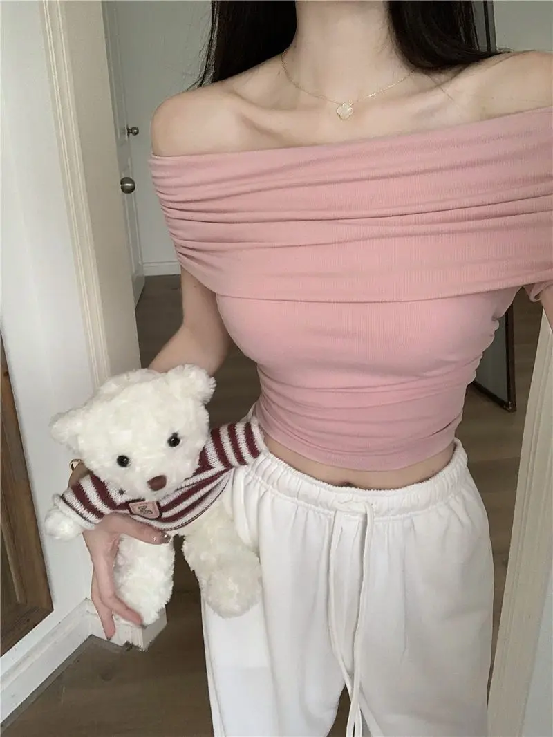 

Футболка женская с открытыми плечами, облегающий высокоэластичный короткий топ с коротким рукавом, корейский стиль, лето