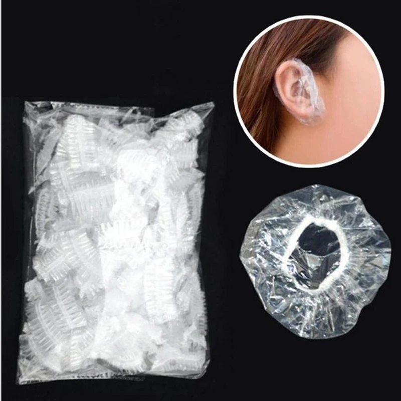 

100pcs Disposable Plastic Waterproof Ear Protector Cover Caps Salon Hairdressing Dye Shield Protection Shower Cap Tool