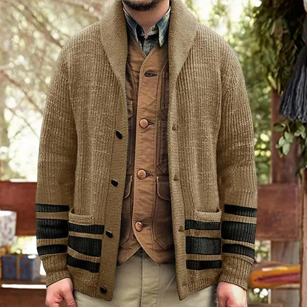 

Мужской свитер, пальто с лацканами, трикотажный Однобортный Теплый Эластичный кардиган на пуговицах с карманами, мужская одежда