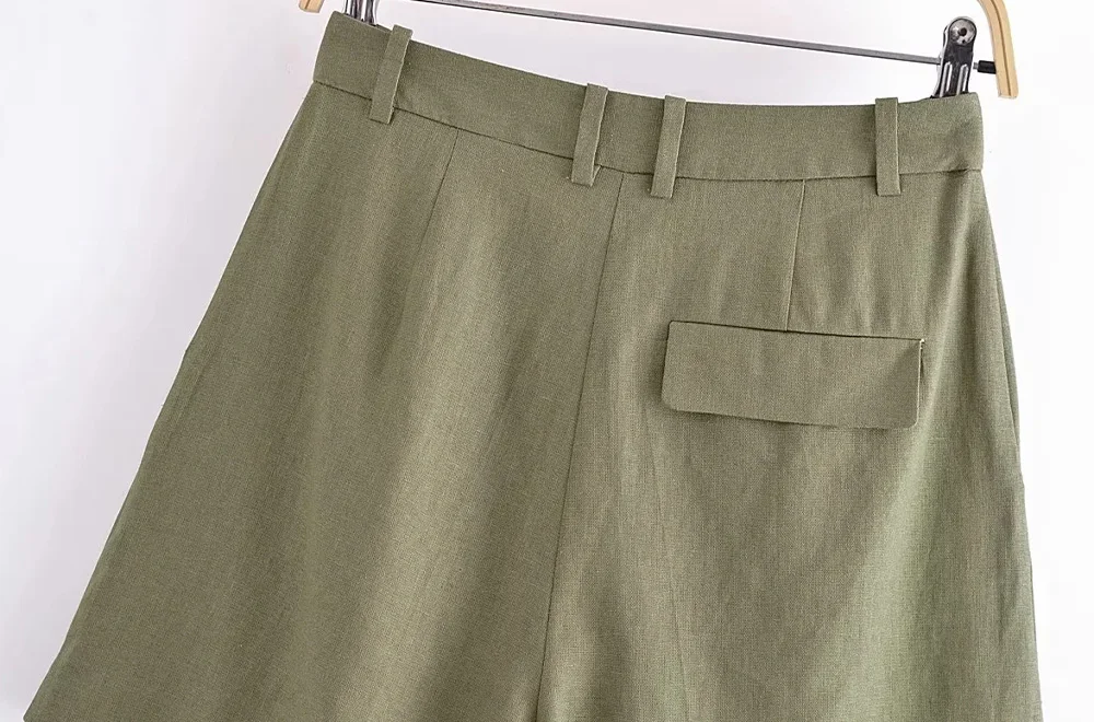 TRAF Women Fashion Side Pockets Front Darts Linen Shorts Vintage High Waist Zipper Fly Female Casual Clothes Short Pants Mujer