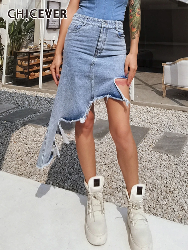 

CHICEVER Streetwear Denim Patchwork Tassel Skirt For Women High Waist Asymmetrical Skirts Female Fashion New Clothing 2022 Style