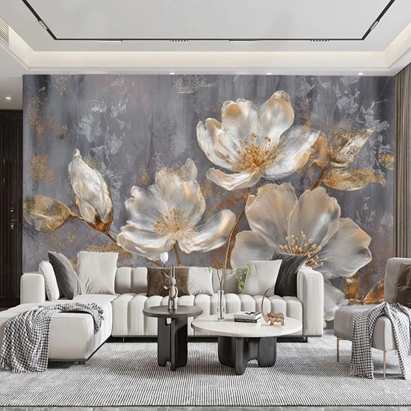 

Custom Mural Wallpaper Modern Light Luxury 3D Gold Flowers Living Room Bedroom TV Background Wall Fresco 3D Papel De Parede Sala