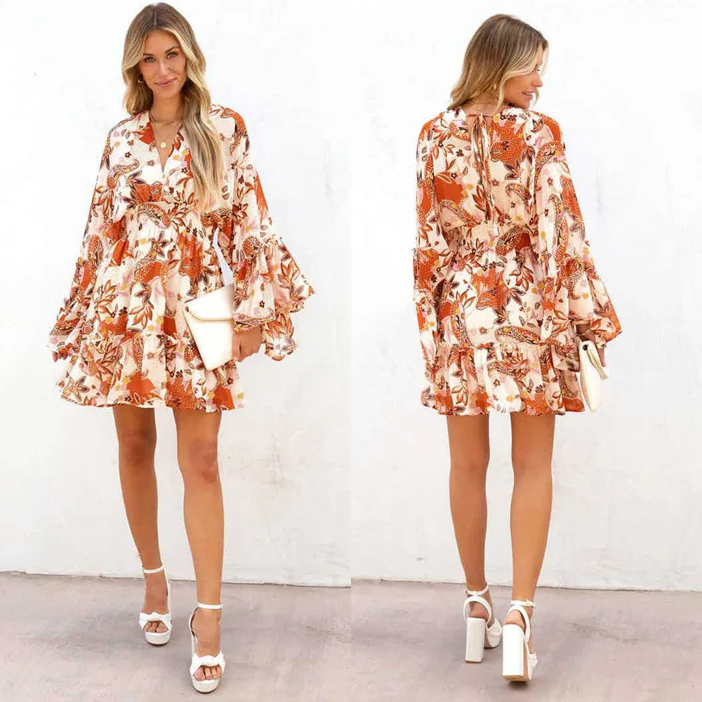 

2023 Spring/Summer Fashion Print V-Neck Long Sleeve Loose Casual Dress Women