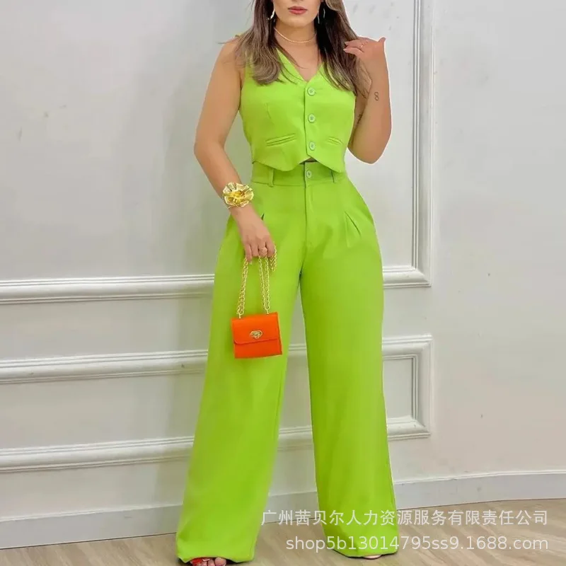 

Summer Autumn Solid Casual Tank Top & High Waist Wide Leg Pants Suit Women Pants Matching Sets Slim Simple Office Lady Sets