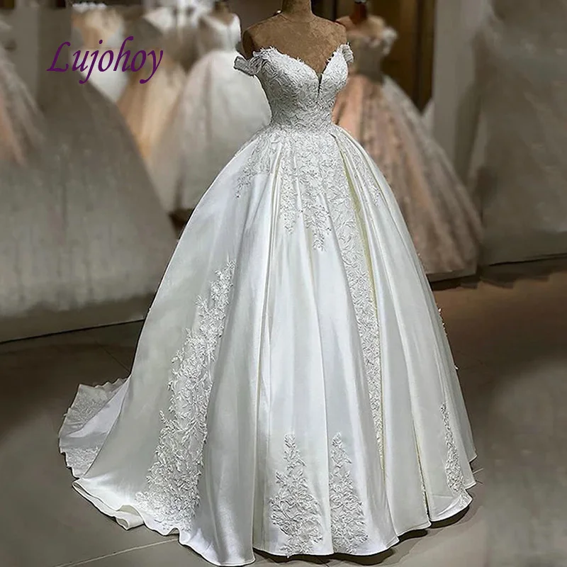 

Элегантные кружевные свадебные платья, бальное платье, искусственное атласное платье с открытыми плечами, белое, цвета слоновой кости, Афри...