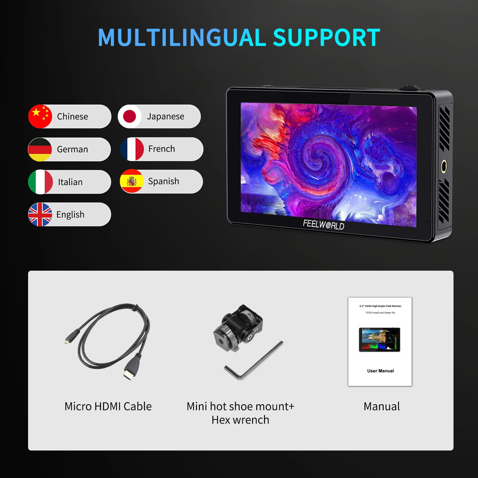 FEELWORLD LUT5 5,5-дюймовый сенсорный монитор для DSLR-камер с яркостью 3000 нит, IPS, 1920x1080, входвыход HDMI 4K, выход DC (art.: 3920d507b43d0) - 3920d507b43d0
