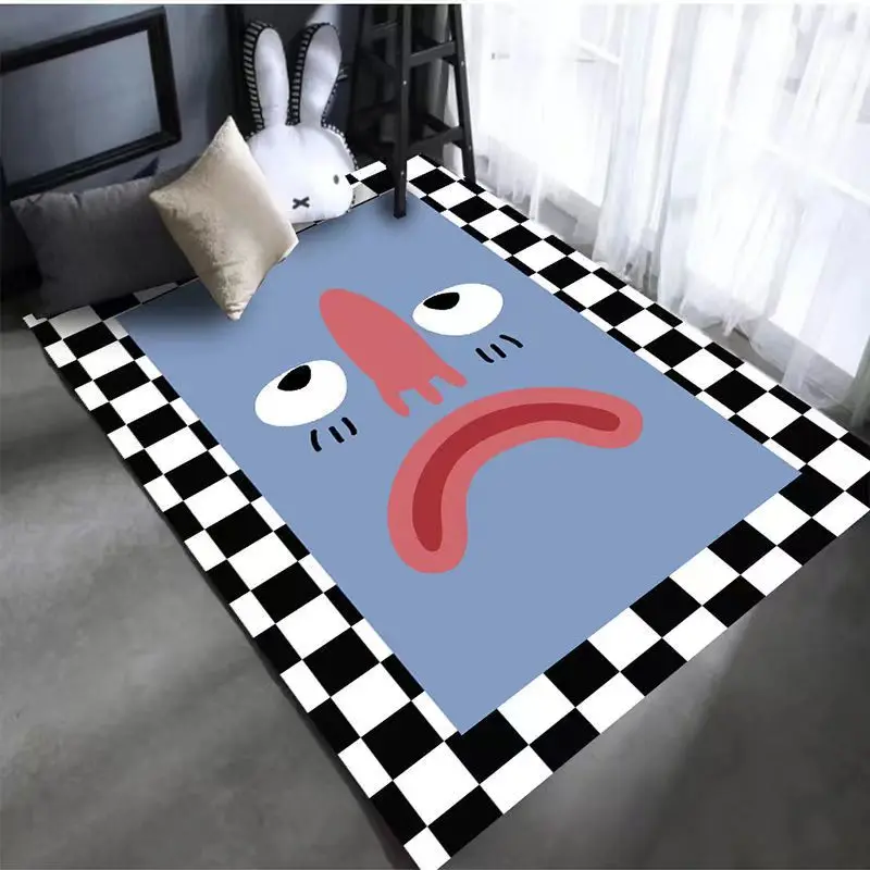 

Nordic Checkerboard Carpet Living Room Study Coffee Table Mat Simple Lattice Floor Mat Room Bedroom Funny Facial Expression Rug